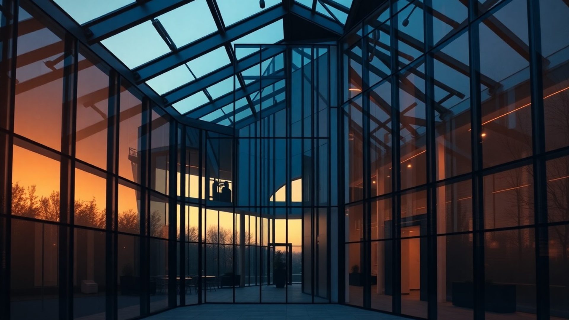 Atrium de birou modern în Oradea, cu lumină caldă filtrată prin structuri de oțel